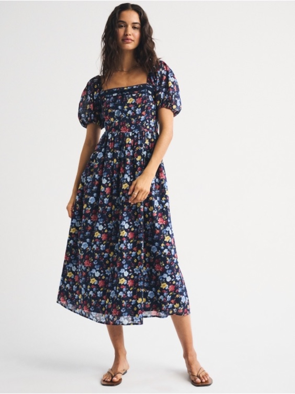 Abercrombie & Fitch Navy Floral Square-Neck Puff-Sleeve Midi Dress